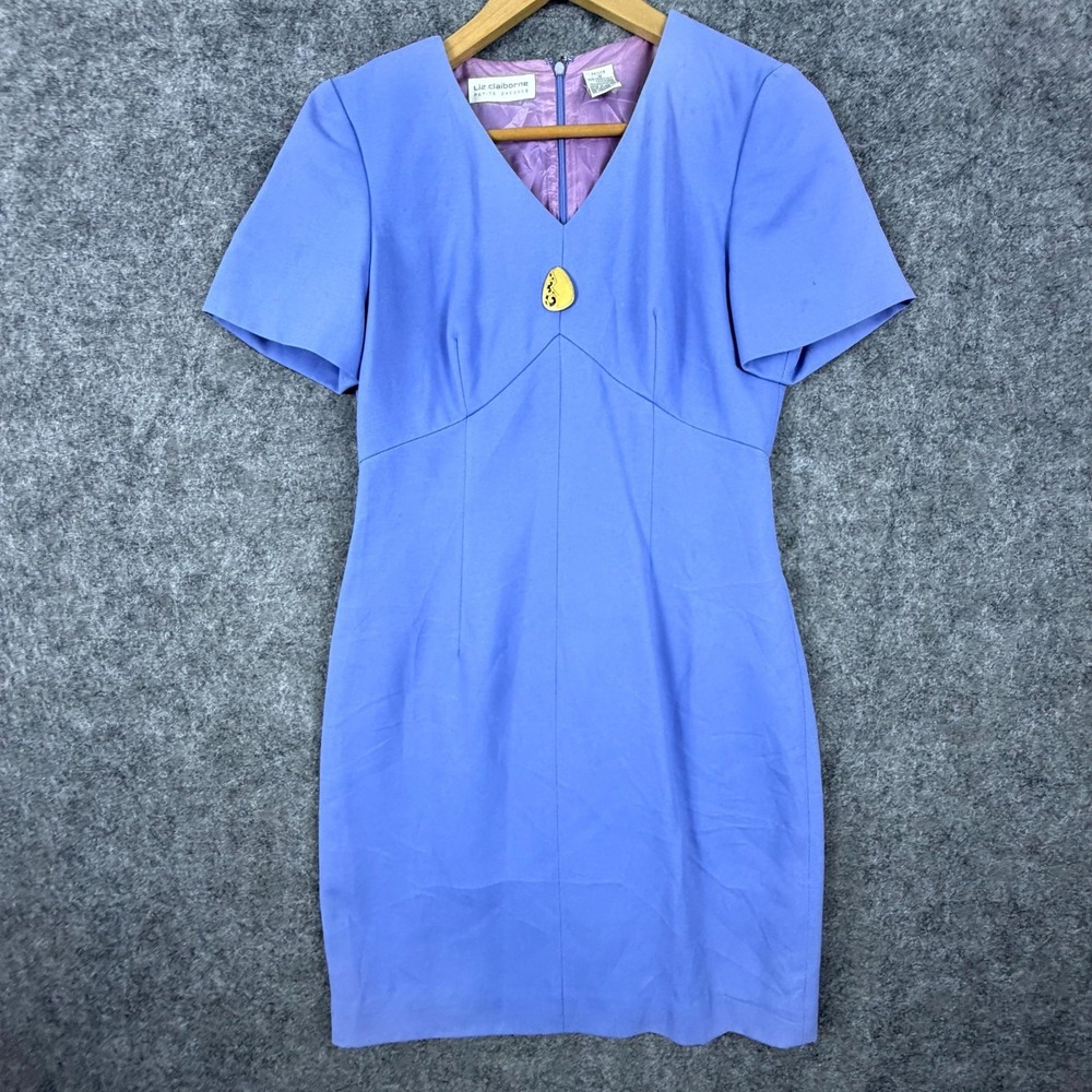 Vintage Liz Claiborne Sheath Dress Women 6 Petite Blue Gold Accent Office Chic